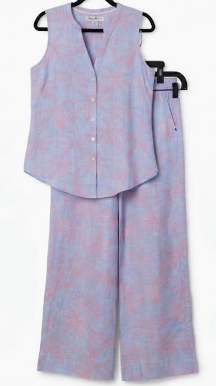 NWOT Tommy Bahama Women's 100% Linen Palm Print Sleeveless Top & Pants Set XXS